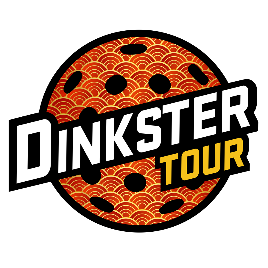 Logo with 'Dinkster Tour' text on a circular design with red and gold patterns.