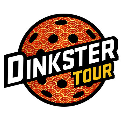 Logo with 'Dinkster Tour' text on a circular design with red and gold patterns.