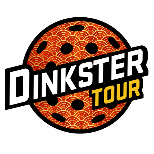 Logo with 'Dinkster Tour' text on a circular design with red and gold patterns.